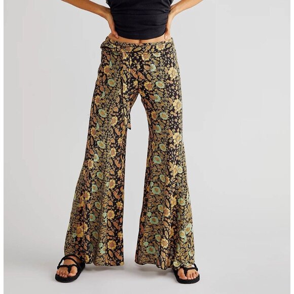 Free People Bali Sultry Boho Flare Floral Festival Wide Leg Bell Bottom Pants S - Picture 1 of 4